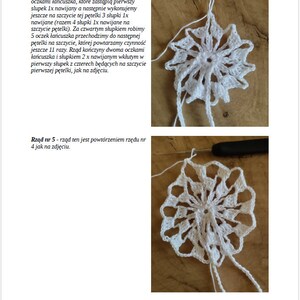 May include: A close-up of a white crocheted snowflake pattern. The snowflake is made with a white thread and has a delicate, intricate design. The image shows the final product of the crochet pattern.