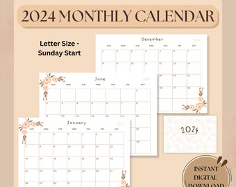 2024 Kalender | 2024 Querformat Kalender | Minimalistischer Kalender 2024 | 2024 Jahreskalender | Digitaler Kalender | Druckbarer Blumenkalender
