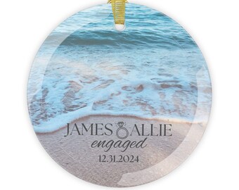 Personalized Engagement Christmas Ornament for Couple Beach Ocean Sand, Custom Name and Date Holiday Decor, Wedding Gift, Glass Ornaments