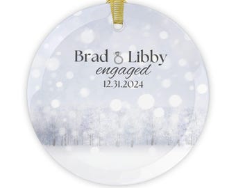 Scandinavian Christmas Snowy Personalized Holiday Ornament, Engaged Couple, Wedding Present, Engagement Gift, Winter Decor, Glass Ornaments