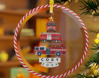Glass Ornaments, Personalized Firetruck Kids Christmas Tree Ornament, DIY Holiday Decor, Children's Ornament Gift, Christmas Fire Truck