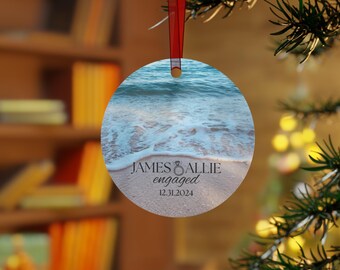 Personalized Engagement Christmas Ornament for Couple Beach Ocean Sand, Custom Name and Date Holiday Decor, Wedding Gift, Metal Ornaments