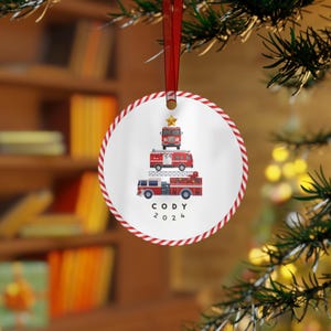 Firetruck Christmas Tree Decor, Personalized Fire Truck Holiday Ornament, Xmas Gift, Festive Decoration, Custom Name Bauble, Metal Ornaments
