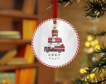 Firetruck Christmas Tree Decor, Personalized Fire Truck Holiday Ornament, Xmas Gift, Festive Decoration, Custom Name Bauble, Metal Ornaments