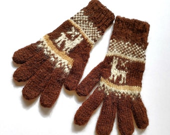 Handmade Alpaca Wool Llama Gloves, Brown Knit Mittens, Youth Medium