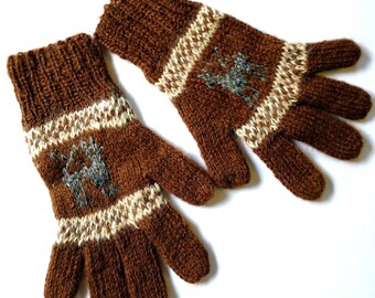 Alpaca Wool Llama Gloves. Brown. Adult Large. Knitted by Indigenous Artisan Weavers in Peru. Handmade Yarn and Natural Dyes.