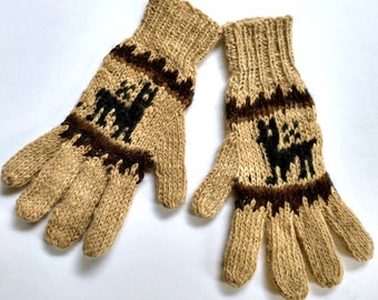 Children's Alpaca Wool Llama Gloves. Tan. Youth Medium. Knitted by Indigenous Artisan Weavers in Peru. Handmade Yarn and Natural Dyes.
