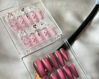 handmade press on nails /reusable nail/false nail / cat eyes & cinnamonroll pink bundle”