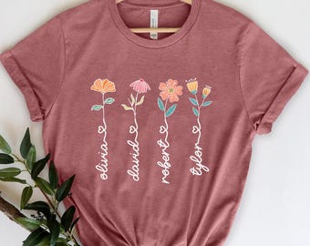 Custom Birthday Flowers and Names Shirt, Personalized Birthday Tee, Birthday Gift Shirt, Custom Name Flower Shirt, Birthday Gift for Mom