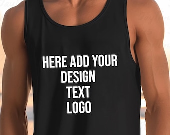 May include: Black tank top with the text "HERE ADD YOUR DESIGN TEXT LOGO" in white. The tank top is sleeveless and has a rounded neckline. The background is a blurred image of a beach.