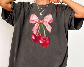 Comfort Colors® Cherry Shirt, Coquette Cherry and Bow Shirt, Vintage Cherry Shirt, Women Summer Shirt, Fruit Shirt Cherry Lover Gift for her