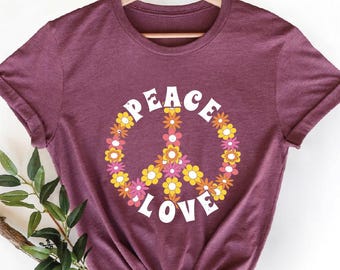 Flower Peace Shirt, Floral Peace Sign Tee, Boho Hippie Shirt, Peace Protest Shirt, Peace Love Positive Gift Tee for Her