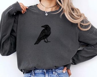 Comfort Colors® Vintage Crow Lover Long Sleeve  Shirt, Raven Shirt, Black Raven Shirt, Minimalist Raven Shirt, Gothic Bird