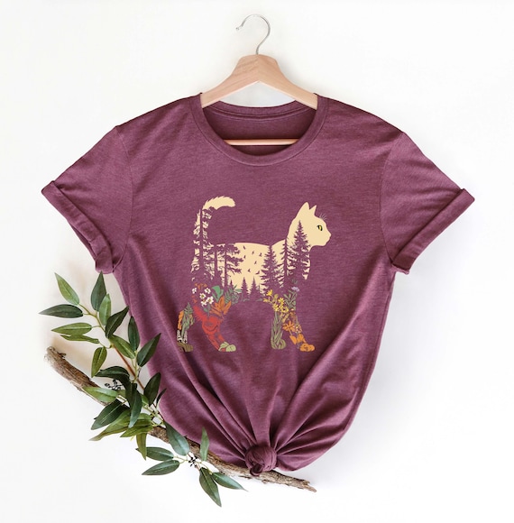 Boho Cat Plants T-Shirt, Forest Nature Tee, Wildflower Trees Shirt