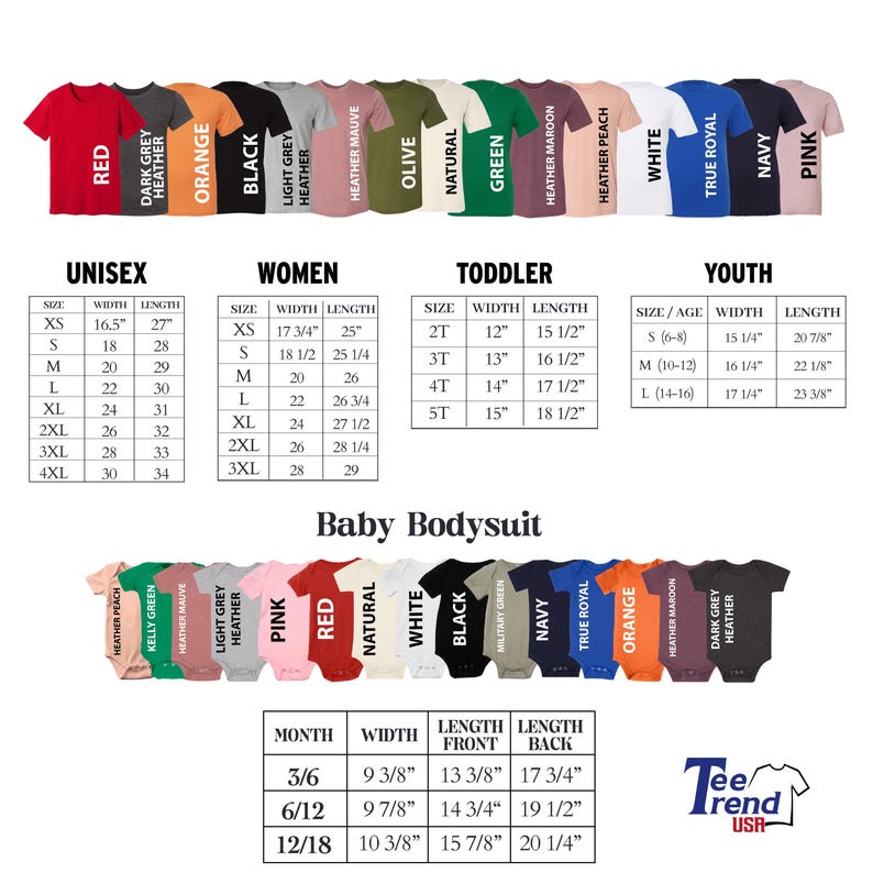 May include: A variety of t-shirts and baby bodysuits in various colors, including red, orange, and black. Size charts for unisex, women's, toddler, and youth sizes are displayed. The image also shows a logo for Tee Trend USA.