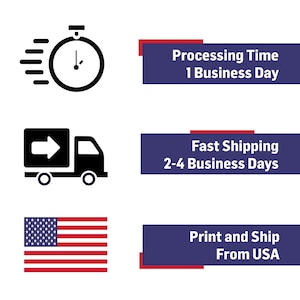 May include: Black and white graphic icons of a stopwatch, a delivery truck, and the American flag. The image also includes text on blue banners: "Processing Time 1 Business Day", "Fast Shipping 2-4 Business Days", and "Print and Ship From USA."