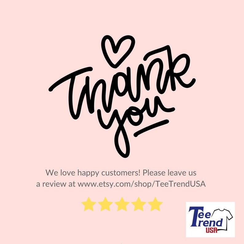 K&ouml;nnte beinhalten: Ein rosa Hintergrund mit den Worten "Thank You" in schwarzer Schreibschrift, gekr&ouml;nt von einem Herzen. Darunter steht der Text "We love happy customers!" und eine Website-Adresse. F&uuml;nf gelbe Sterne und ein Logo sind ebenfalls vorhanden.