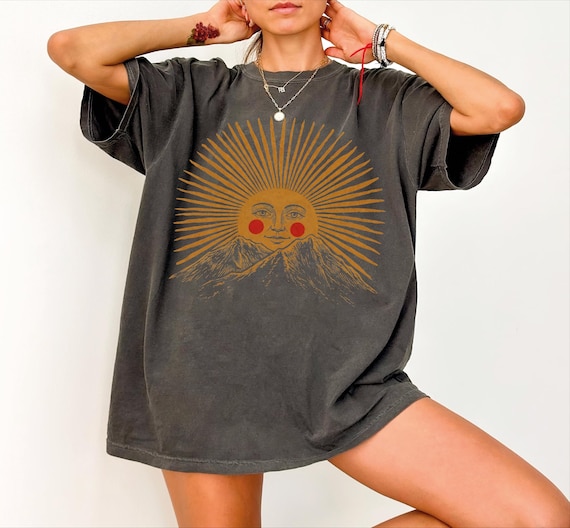 Comfort Colors® Vintage Boho Sun Shirt: Sun Face Mountain Tee, Nature Aesthetic Shirt