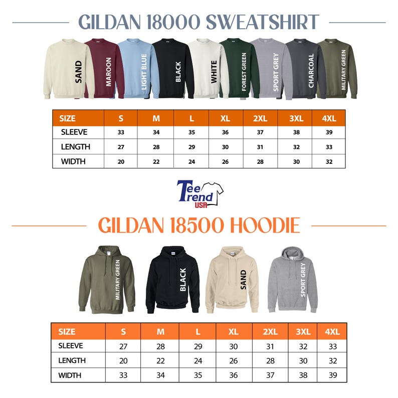 May include: A size and color chart for Gildan 18000 sweatshirts and 18500 hoodies. The image displays various sweatshirt colors including sand, maroon, light blue, black, white, forest green, sport grey, charcoal, and military green with a sizing table in inches. Below, hoodies are shown in military green, black, sand, and sport grey with a corresponding sizing table in inches.