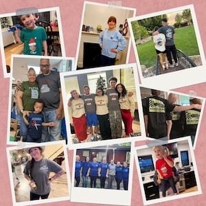 May include: A collage of photographs featuring various people wearing custom t-shirts and sweatshirts. The garments display diverse graphic designs, including text such as Favorite Daughter, Favorite Son, Paper, Scissors, and 84 Motorsports.