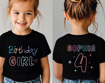 Custom Birthday Girl Shirt, Personalized Kids Name Age Tee, Toddler Birthday Gift, Front and Back Design, Besties Birthday Party Shirt