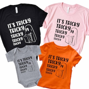 It&#39;s Tricky Family Shirt, It&#39;s Tricky Tee, Trick or Treat shirt, Halloween Baby Suit Shirt, Funny Halloween Shirt,  Ghost Trick or Treat Tee