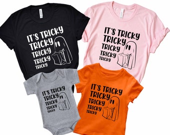 It's Tricky Family Shirt, It's Tricky Tee, Trick or Treat shirt, Halloween Baby Suit Shirt, Funny Halloween Shirt,  Ghost Trick or Treat Tee
