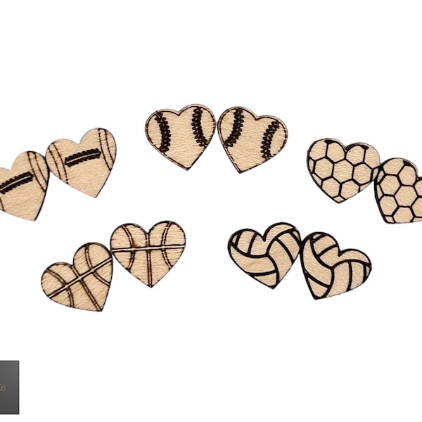 3 pairs of Wooden Sports Heart stud earring blanks 5 different designs.
