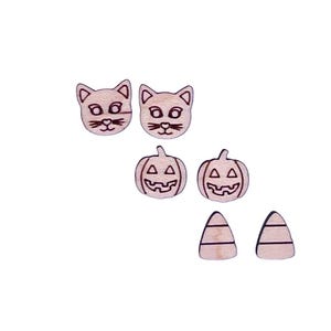 3 pairs of Wooden Halloween pumpkin, cat, candy corn stud earring blanks.