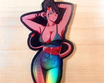 Demon Girl Waifu - Holographic Vinyl Sticker with 3D Textures //  Mythical Creature series