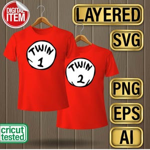 May include: Two red t-shirts with white circles and the text "Twin 1" and "Twin 2" on them. The shirts are hanging on hangers. The image also includes the text "Layered", "SVG", "PNG", "EPS", and "AI" in gold boxes.