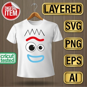 May include: White t-shirt with a cartoon face design featuring a red eyebrow, two large black eyes, and a blue smile. The design is similar to the character 'Forky' from the movie 'Toy Story 4'. The shirt is on a hanger against a woodgrain background. The text 'LAYERED', 'SVG', 'PNG', 'EPS', and 'AI' are visible in gold boxes on the right side of the image. The text 'DIGITAL ITEM' is visible in a red circle on the top left of the image. The text 'cricut tested' is visible in a green rectangle on the bottom left of the image.
