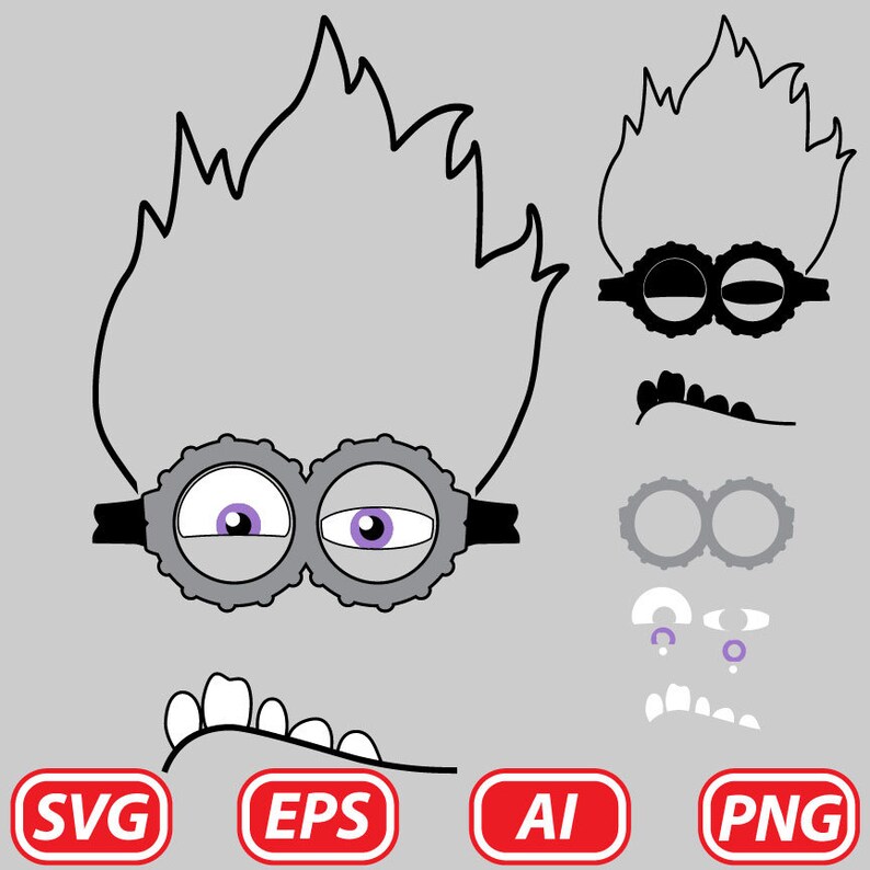 May include: Black and white line art illustration of a minion character with a spiky hairstyle, goggles, and a mischievous expression. The image includes separate elements for the hair, goggles, eyes, and mouth, allowing for customization.