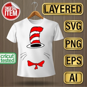 May include: A white t-shirt with a red and white striped cat hat, red bow tie, and whiskers. The shirt is on a hanger with a digital item label and layered SVG, PNG, EPS, and AI file type labels.