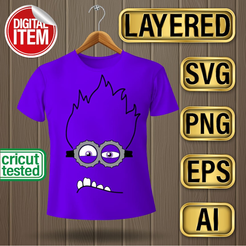 May include: Purple Minion character with a spiky hairdo and goggles on a blue t-shirt.  Layered SVG, PNG, EPS, and AI files included.
