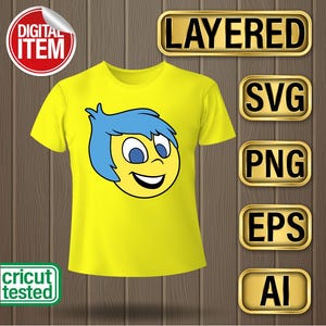 May include: A yellow t-shirt with a cartoon image of Joy, a character from the movie Inside Out, with blue hair and a big smile. The image is on a yellow t-shirt with the words "LAYERED", "SVG", "PNG", "EPS", and "AI" in gold boxes on a wood background.