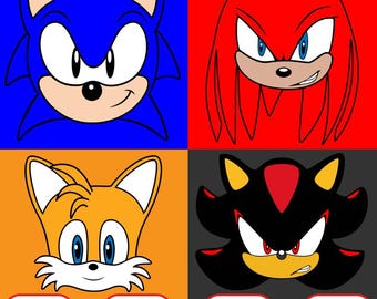 May include: Four cartoon character heads in a grid. The top left is Sonic the Hedgehog, blue with a red nose. Top right is Knuckles the Echidna, red with black eyes. Bottom left is Tails the Fox, orange with two tails. Bottom right is Shadow the Hedgehog, black with red eyes.