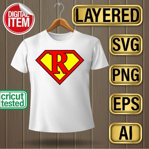 May include: A white t-shirt with a red letter R in a yellow and red Superman logo. The image is a digital download and includes layered SVG, PNG, EPS, and AI files.