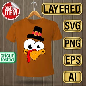 May include: A brown t-shirt with a cartoon turkey face wearing a pilgrim hat. The image is labeled "LAYERED", "SVG", "PNG", "EPS", and "AI".