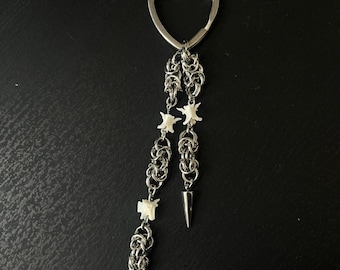 Mini Bone Keychain || Valentines Heart Keyring with Stainless Steel Chainmail Chain with Spikes and Real Snake Vertebrae