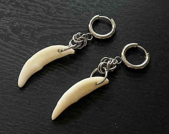 Coyote Fang Earrings || Nontarnish Real Bone Teeth, on Stainless Steel Chainmail Chain, Silver, Drop, Dangles. Gothic, Alt Punk Hoop Rings