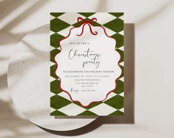 May include: A Christmas party invitation with a green and white diamond pattern background. The invitation features a red bow and a decorative red border around the text. The text reads "Join us for a Christmas party" and includes event details.