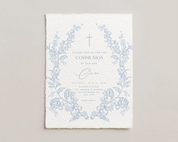 Blue Communion Invitation Digital Template Customizable Church Invitation Printable Design Boy Elegant Minimalistic Floral Communion Card