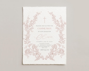 Pink First Holy Communion Invitation Digital Template Customizable Church Invitation Printable Download Girl Elegant Floral Communion Card