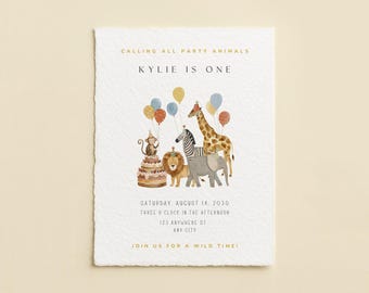 May include: A white invitation card with watercolor illustrations of jungle animals, balloons, and a cake. Text includes "Calling All Party Animals," "Kylie is One," and event details. The invitation is for a first birthday party.