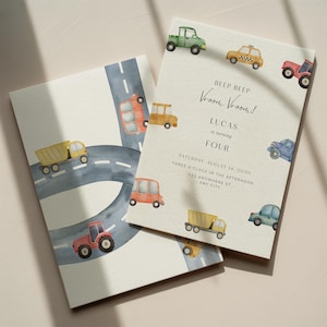 Transport Geburtstagseinladung Digitale Vorlage Canva Bearbeitbar Auto Thema LKW Party Druckbare Design Fahrzeug Junge Aquarell Dekoration