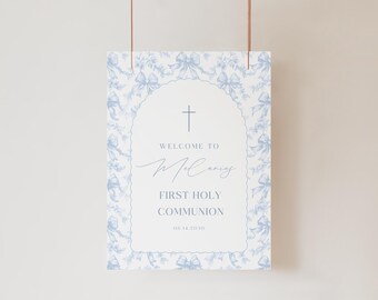 Blue Coquette First Holy Communion Digital Girl Welcome Sign Editable Template Cross Elegant Printable Floral Party Custom Entrance Signage