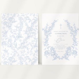 May include: Two white cards with blue floral designs. One card features a repeating floral pattern. The other card is a communion invitation with a floral wreath, cross, and text that reads "Please join us for the Communion of our son".