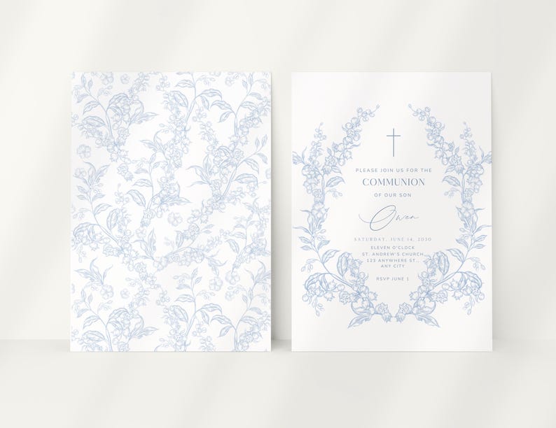 May include: Two white cards with blue floral designs. One card features a repeating floral pattern. The other card is a communion invitation with a floral wreath, cross, and text that reads "Please join us for the Communion of our son".