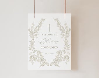 First Holy Communion Welcome Sign Template Editable Customizable 18x24 Printable Poster Sign Neutral Cream Floral Catholic Elegant Decor